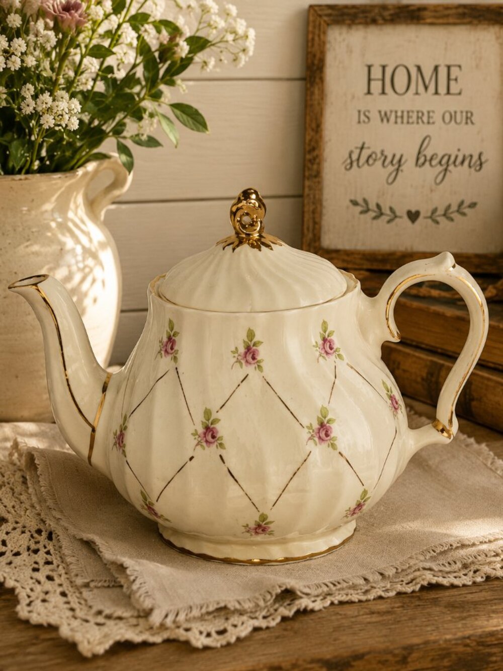 Vintage Sadler Chintz Pink Roses Swirl Design Teapot - England